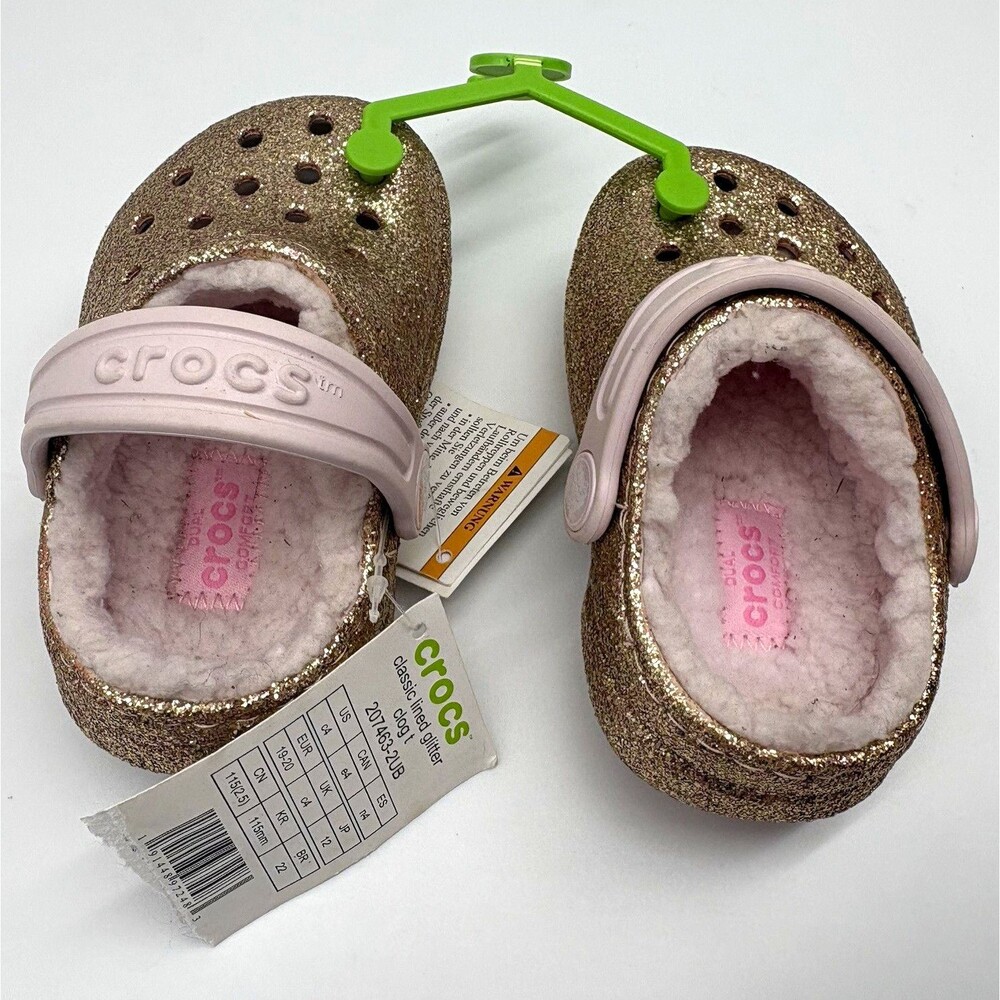 Crocs Classic Lined Glitter Clog Gold/Pink Faux Fur Lined Slip On US 4